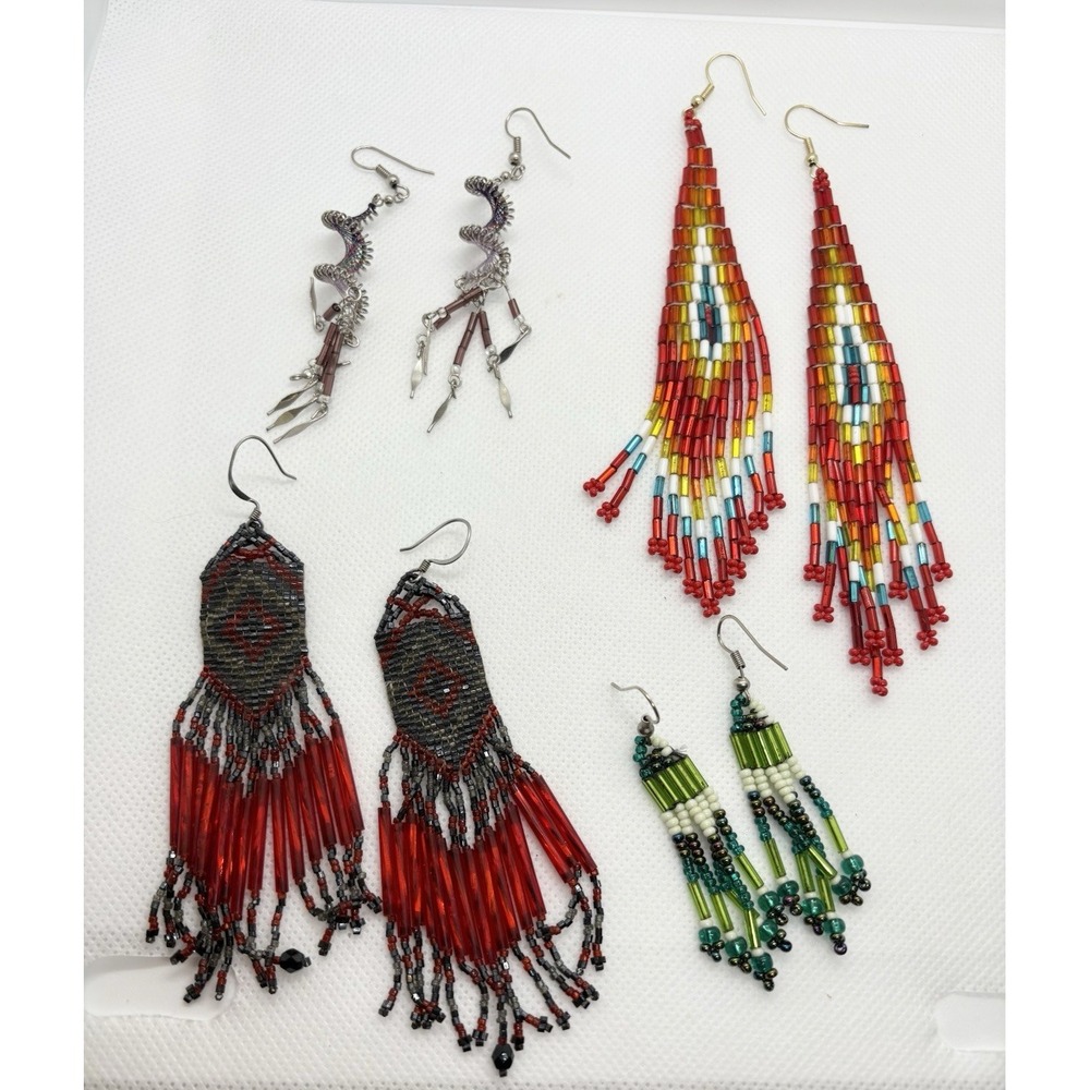 Lot of 4 Pairs Vintage Handmade Beaded Dangle Earrings Red Green Rainbow Boho